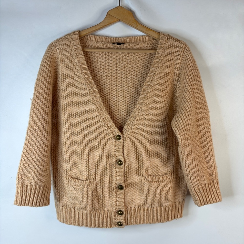 Talbots Cardigan Sweater Women XL Tan Wool Alpaca Blend Chunky Knit V-Neck